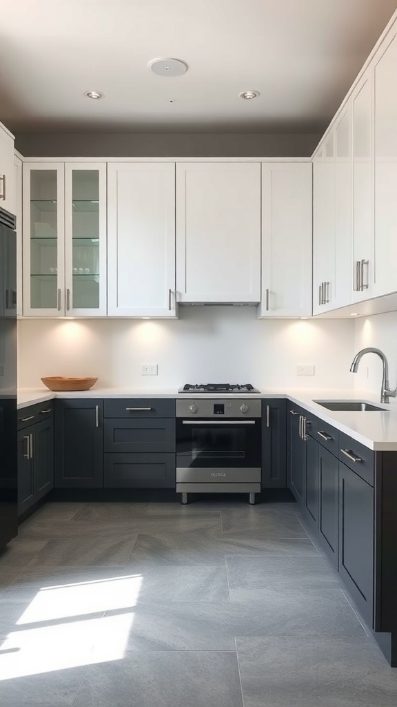 A modern kitchen featuring two-tone cabinets with white upper cabinets and navy lower cabinets, complemented by gray flooring.