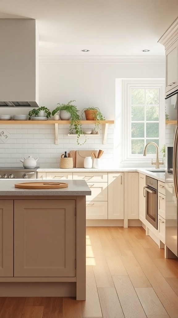 A kitchen featuring two-tone cashmere and white cabinets with natural light and wooden flooring.