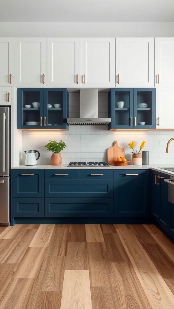A modern kitchen featuring dark blue lower cabinets and white upper cabinets with brass hardware.