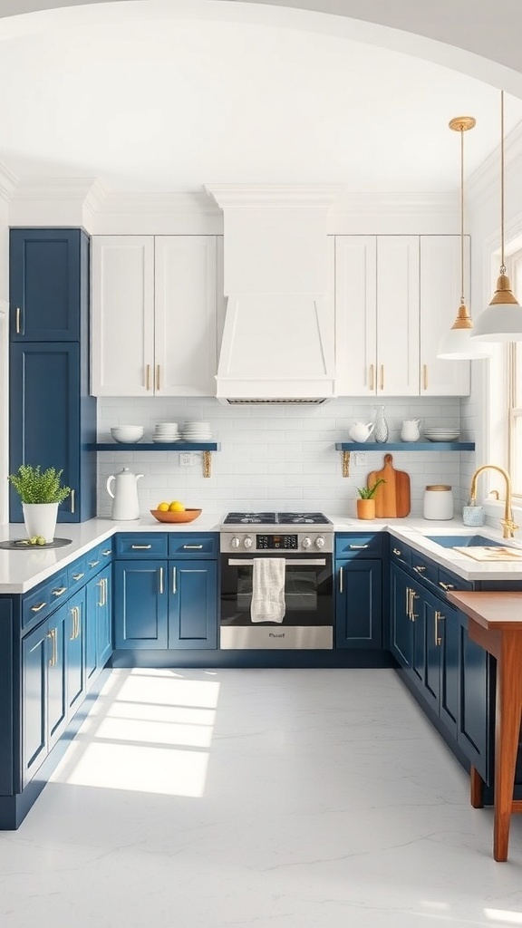 A modern kitchen featuring dark blue lower cabinets and white upper cabinets, accented with brass hardware and a marble countertop.