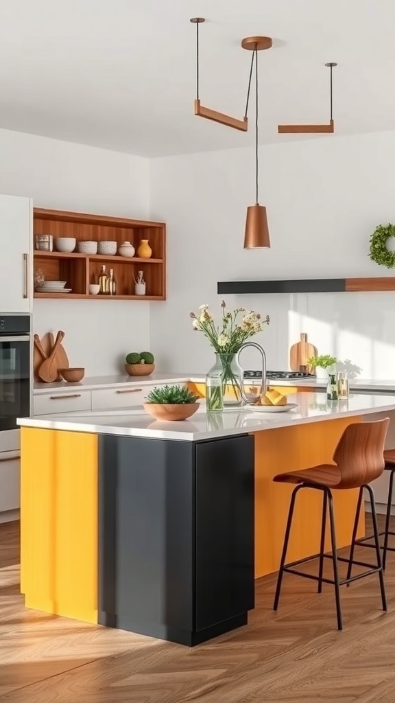 A modern kitchen featuring a two-tone island in orange and black, with stylish bar stools and pendant lighting.
