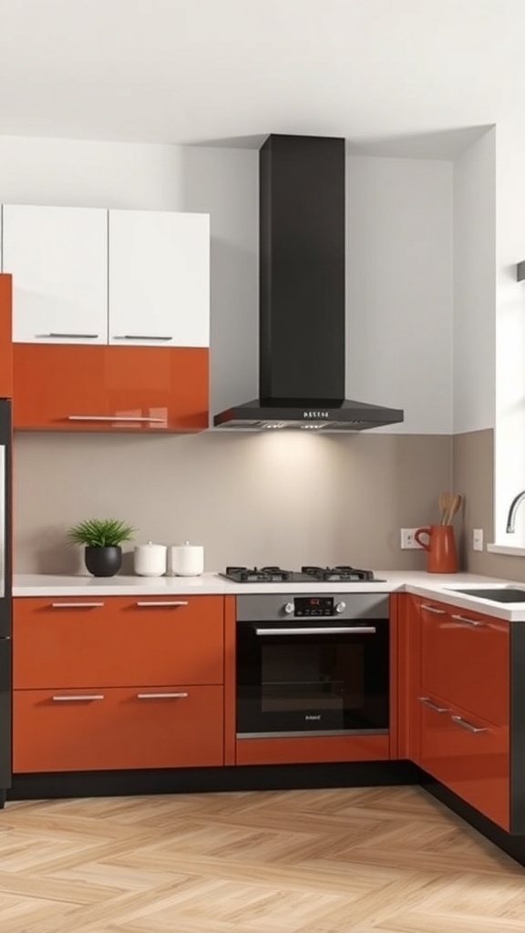 A modern kitchen featuring two-tone cabinets with white upper cabinets and bold orange lower cabinets, complemented by black accents.