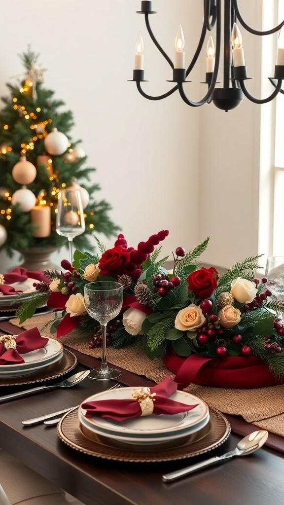 A beautifully set holiday table featuring cream and cranberry colors with a floral centerpiece, surrounded by a Christmas tree.