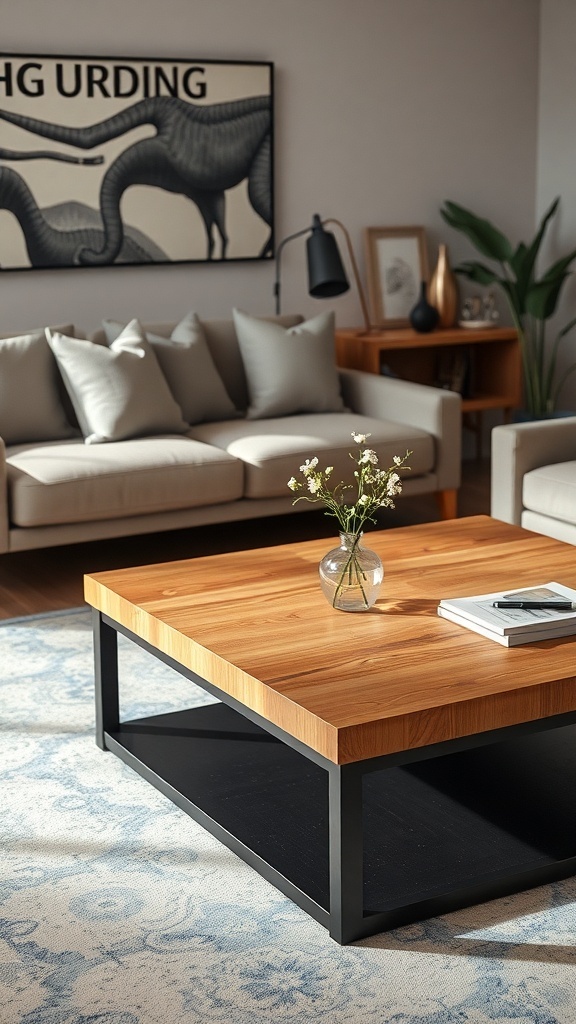A modern two-tone sofa table with a wooden top and black metal base, styled with a vase and books.