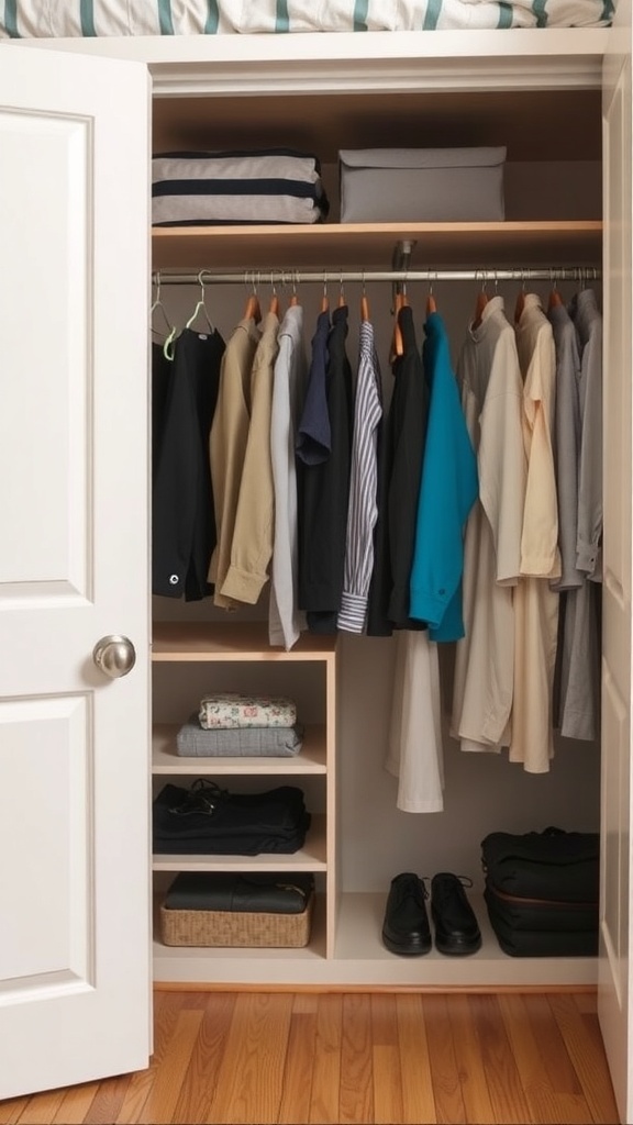 Under-bed closet organizer with hanging clothes and shelves for storage