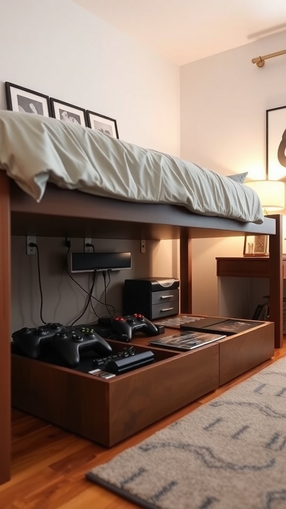 A modern gaming bedroom with a loft bed and under-bed storage for gaming gear.