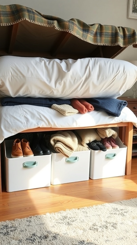 A cozy bed with a blanket, revealing organized under-bed storage with bins and shoes.
