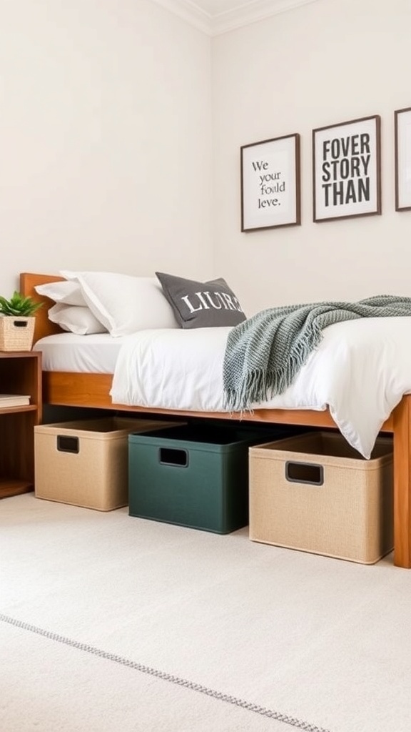 A cozy bedroom featuring under-bed storage bins in green and beige, with a simple bed and decorative wall art.