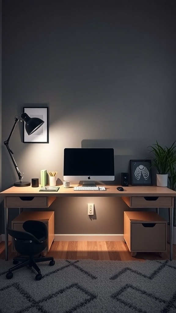 A modern home office setup featuring a sleek desk with under-desk storage, a computer, and a comfortable chair.