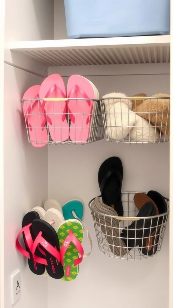 Under-shelf baskets with colorful flip-flops and slippers organized in a closet.