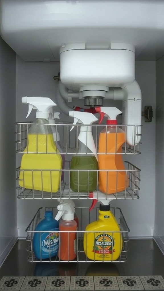 Organized under-sink cleaning supplies in wire baskets.