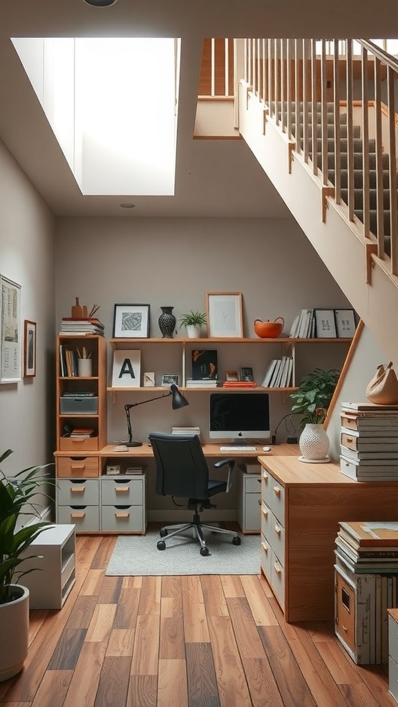 A cozy under-stair office with a desk, shelves, and natural light.