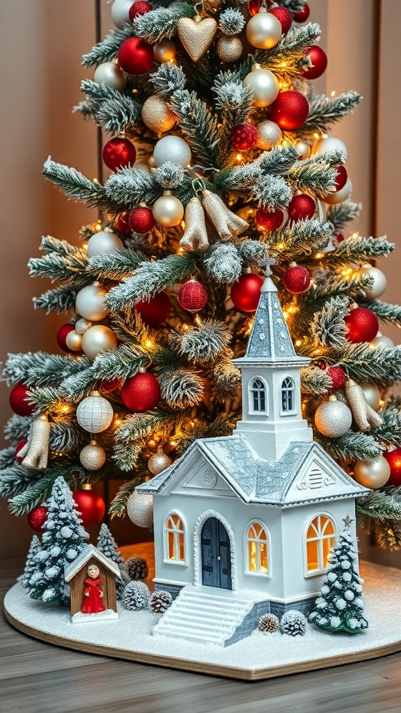 A snowy church scene displayed under a Christmas tree, surrounded by festive decorations.