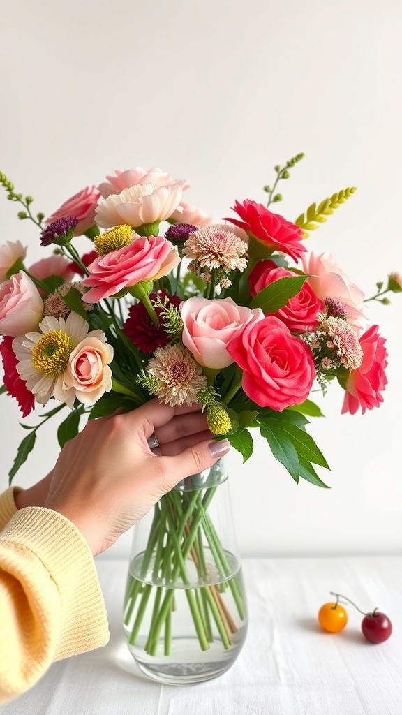 A hand arranging a colorful bouquet of flowers in a clear vase.