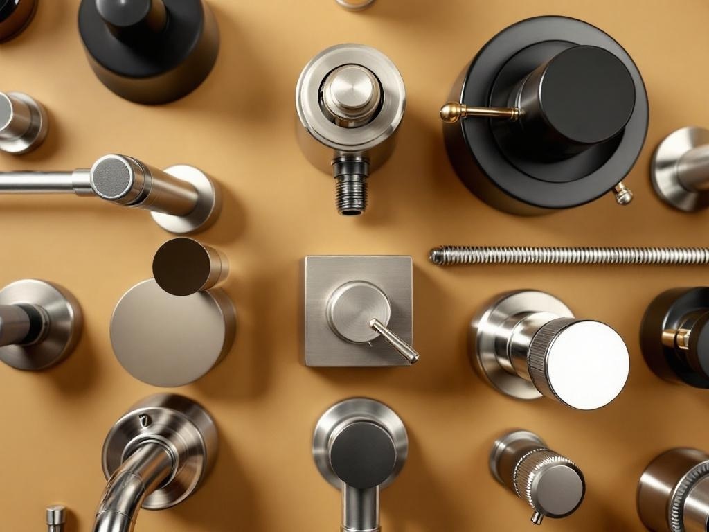 A variety of metal finishes and fixtures displayed on a wall, showcasing different styles and shapes.