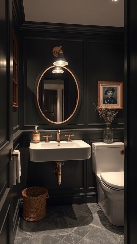 A moody powder room featuring dark walls, a stylish sink, and elegant fixtures.