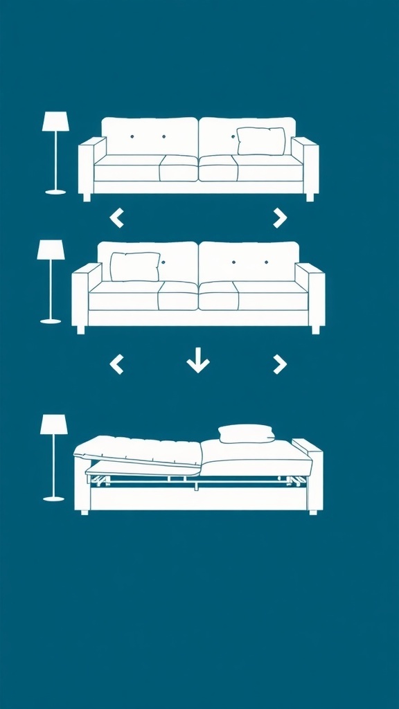 Illustration showing the click-clack mechanism of a sofa bed transitioning from sofa to bed.