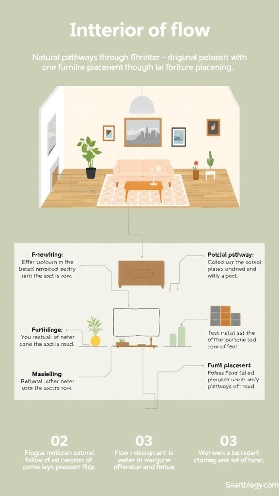 A well-arranged living room showing good flow with natural pathways and comfortable seating.