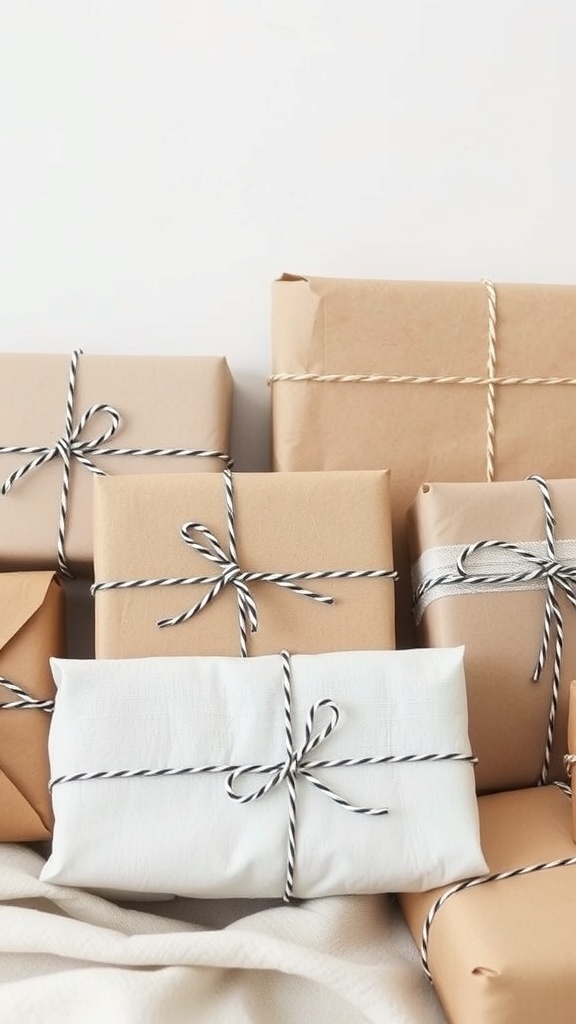 Beautifully wrapped gifts in neutral tones with black-and-white twine.