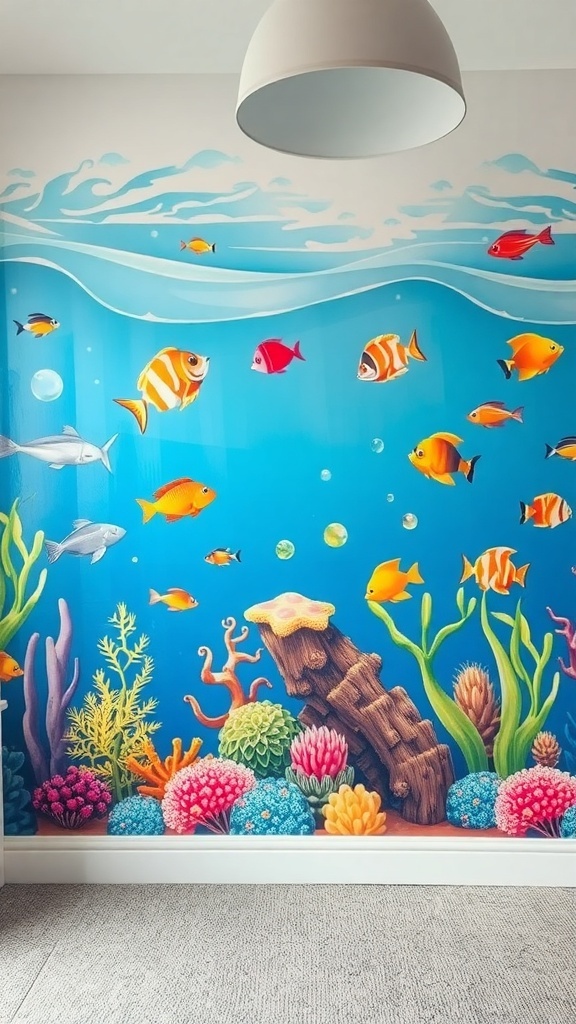 Colorful underwater scene with fish and coral on a playroom wall