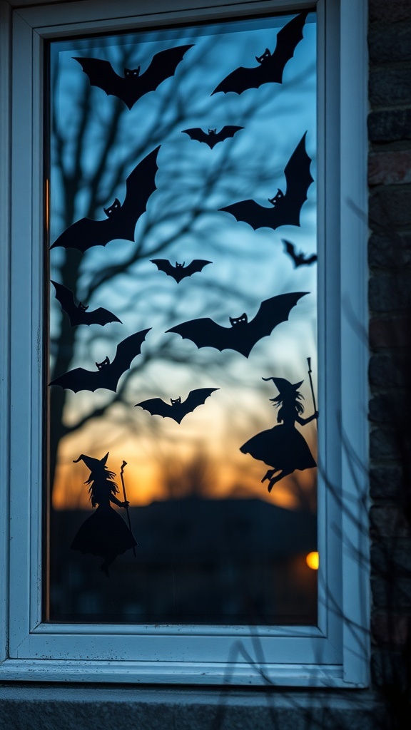 A window decorated with black bat and witch silhouettes against a sunset background.
