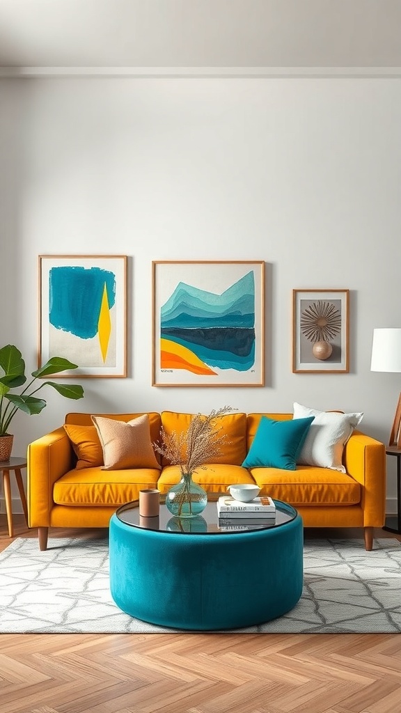 A living room featuring a bright yellow sofa, teal coffee table, and colorful wall art.