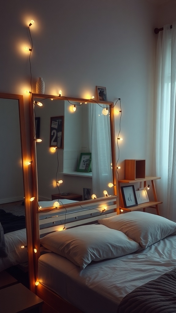 Cozy bedroom with string lights wrapped around a mirror, creating a warm atmosphere.