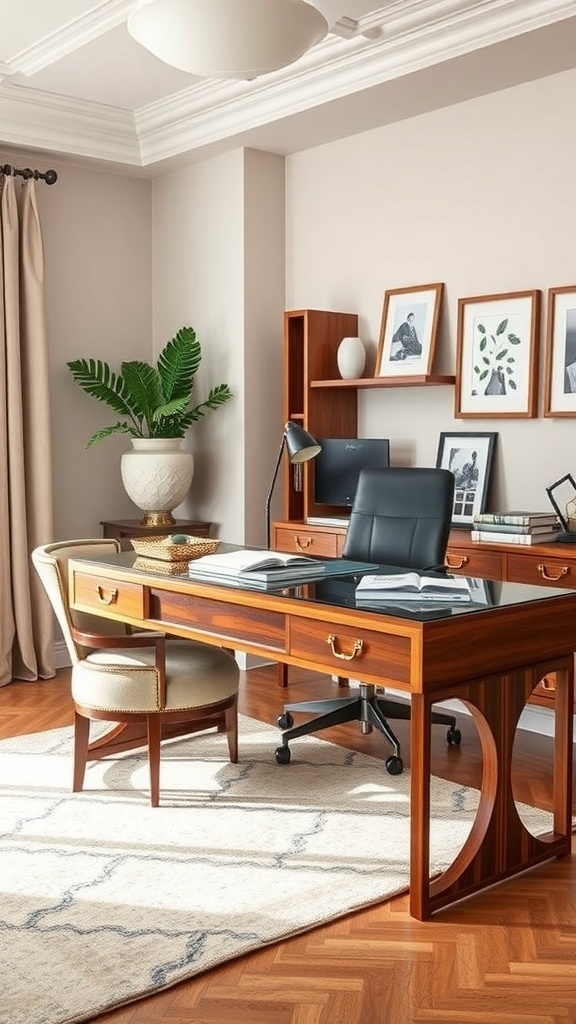 Stylish home office featuring a wooden desk with a glass top, a comfortable chair, and decorative elements.