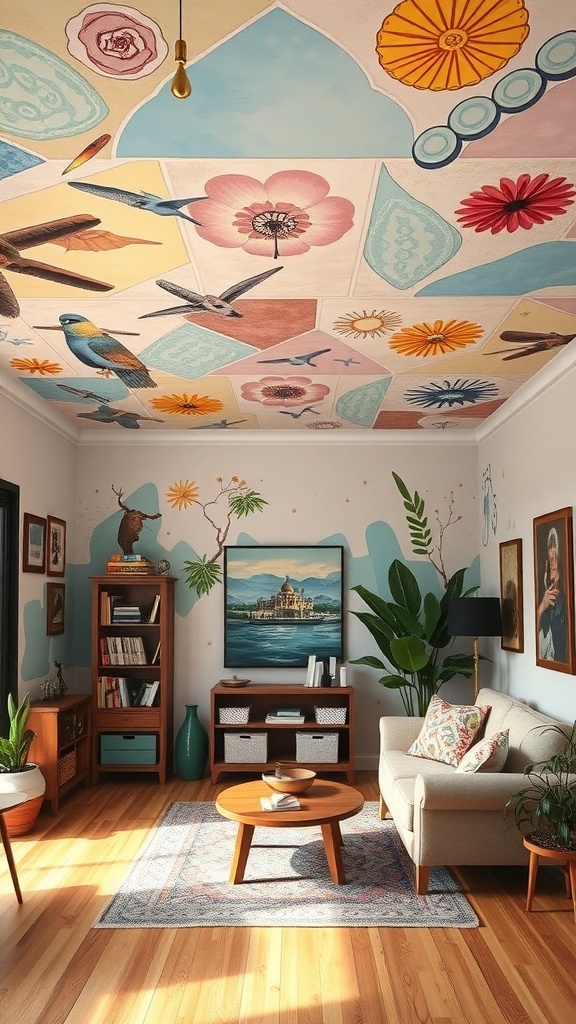 A colorful ceiling mural featuring flowers, birds, and geometric shapes in a modern living room.