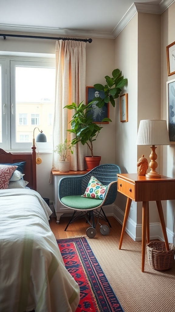 A cozy bedroom corner featuring a green chair, wooden side table, and decorative items, with plants and colorful pillows.