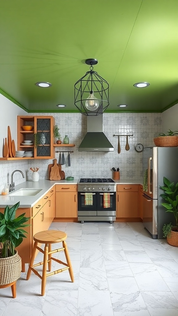 A kitchen featuring a bright green ceiling, warm wooden cabinets, and a light countertop, showcasing a modern and fresh design.