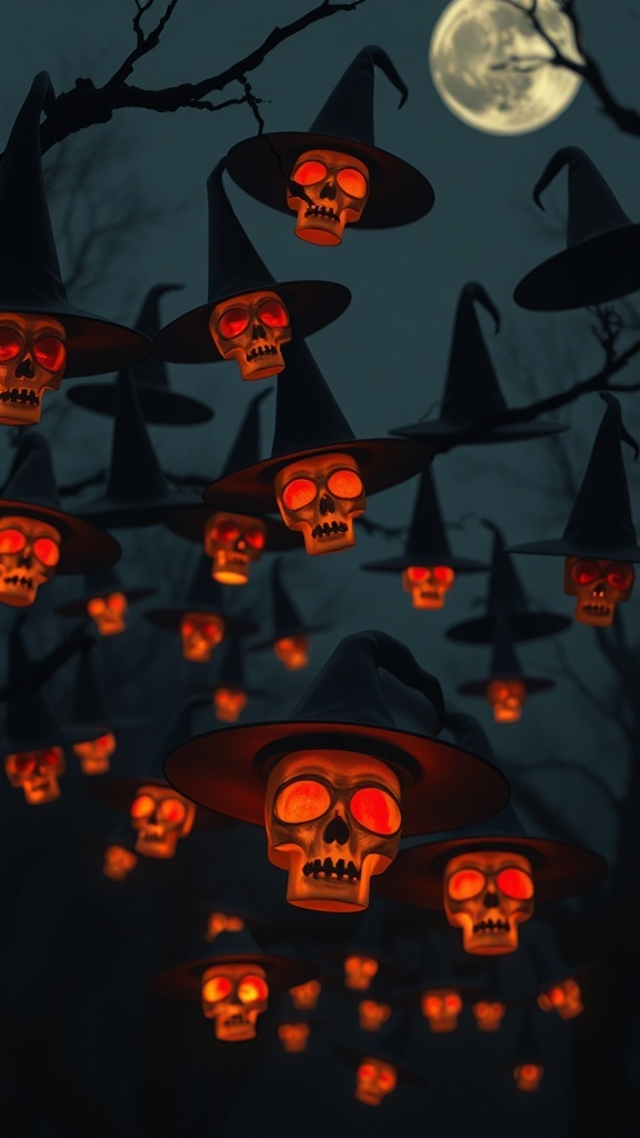 Unique Halloween lighting fixtures featuring glowing skulls with witch hats hanging from branches.