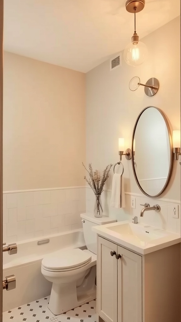 A stylish bathroom featuring unique lighting fixtures, including a hanging bulb and wall sconces, with a round mirror and modern decor.