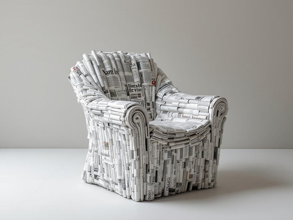A chair made from rolled newspapers, showcasing unique magazine furniture.