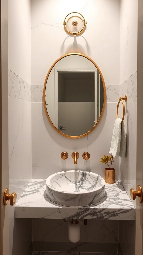 A stylish small powder room featuring a round marble sink, gold fixtures, and a round mirror.