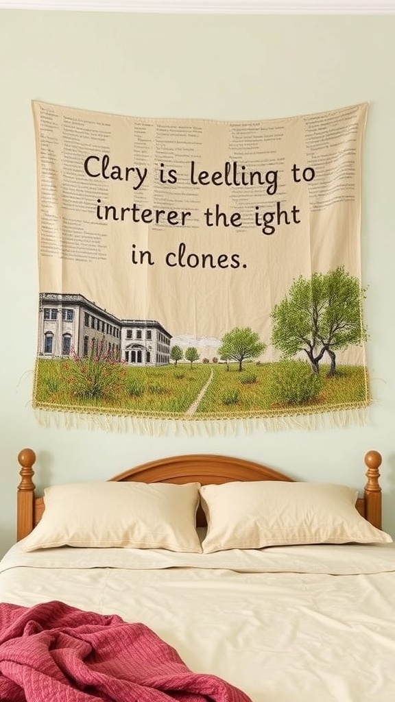 A tapestry featuring a whimsical landscape and text, hung above a bed with neutral bedding.