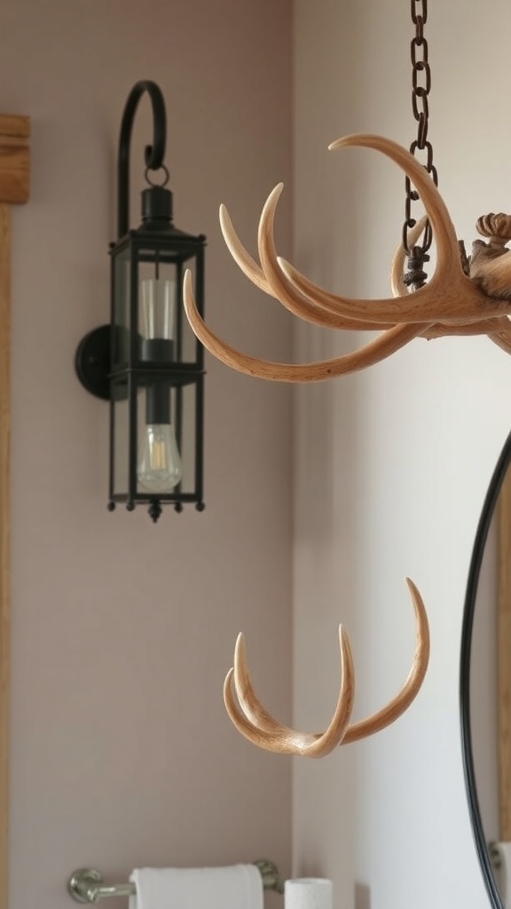 A bathroom featuring a lantern-style sconce and an antler chandelier, showcasing unique western lighting options.
