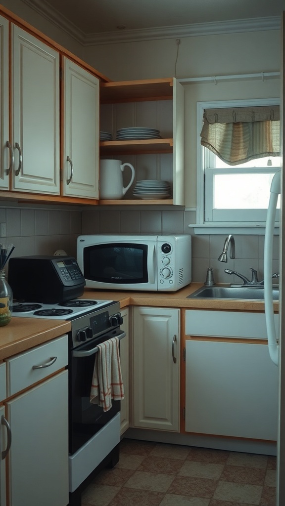 A small kitchen with essential appliances like a microwave and stovetop, showcasing a tidy and organized space.