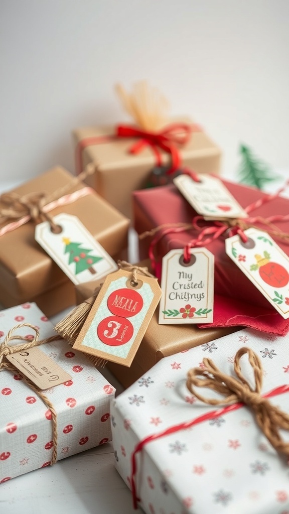 A collection of beautifully wrapped gifts with various upcycled holiday gift tags.