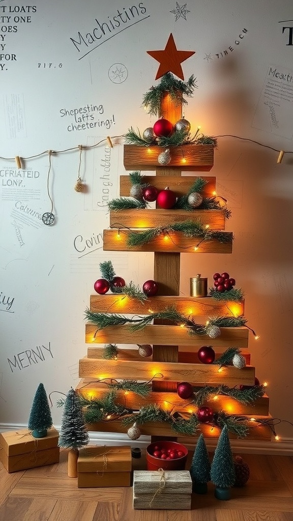 A decorative upcycled pallet Christmas tree adorned with lights and ornaments.