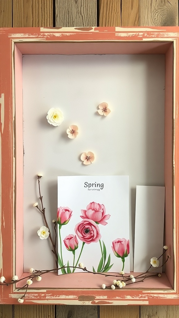 An upcycled shadow box painted pink, decorated with flowers and a spring-themed card.