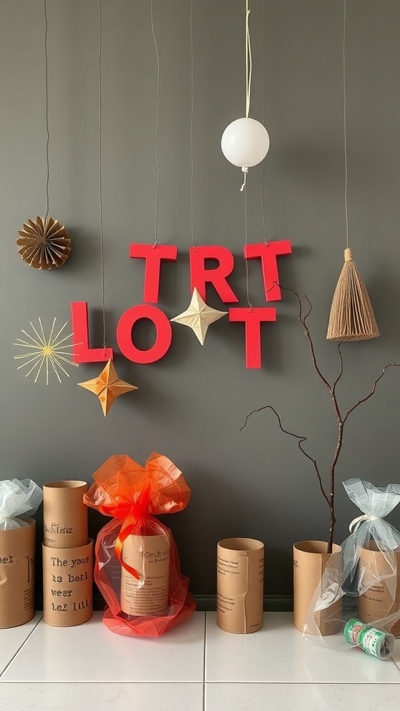 Upcycled Halloween decorations made from household items.