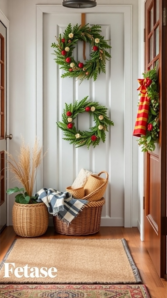 A cozy entryway featuring two seasonal wreaths, woven baskets, and a textured rug.