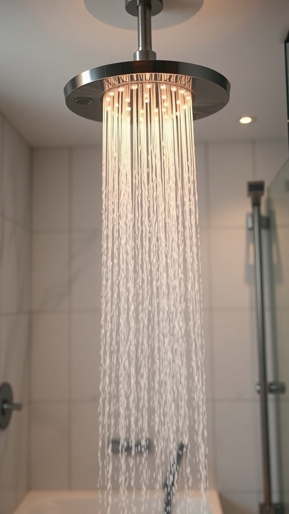 Modern showerhead with water cascading down, creating a luxurious shower experience.