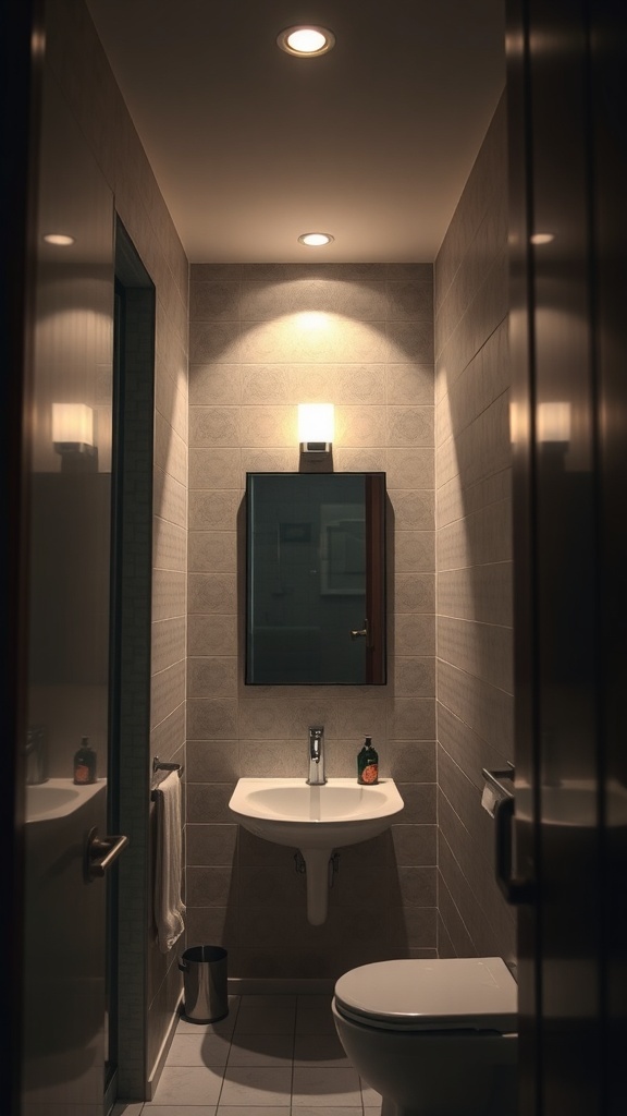 A small bathroom with modern lighting fixtures and a clean design.