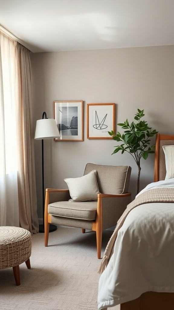 A cozy upholstered corner armchair with a wooden frame, accompanied by a small side table and decorative elements in a mid-century modern bedroom.
