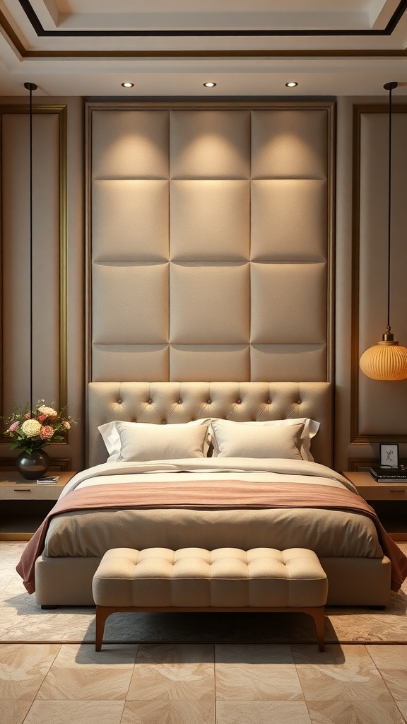 Elegant bedroom with upholstered headboard wall panels, featuring tufted design and soft lighting.