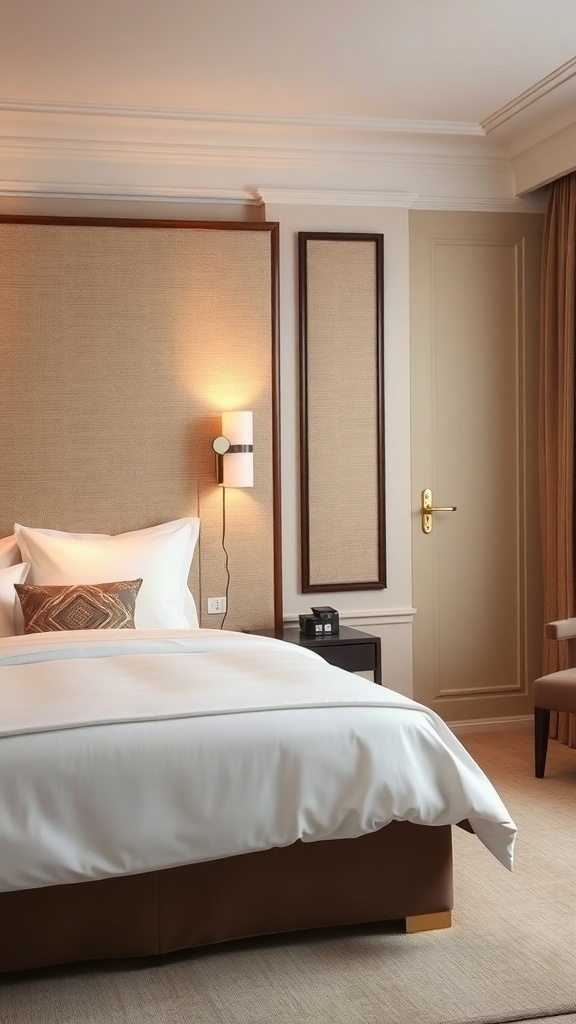 Elegant bedroom featuring an upholstered wall with contrasting trim, soft lighting, and a cozy atmosphere.