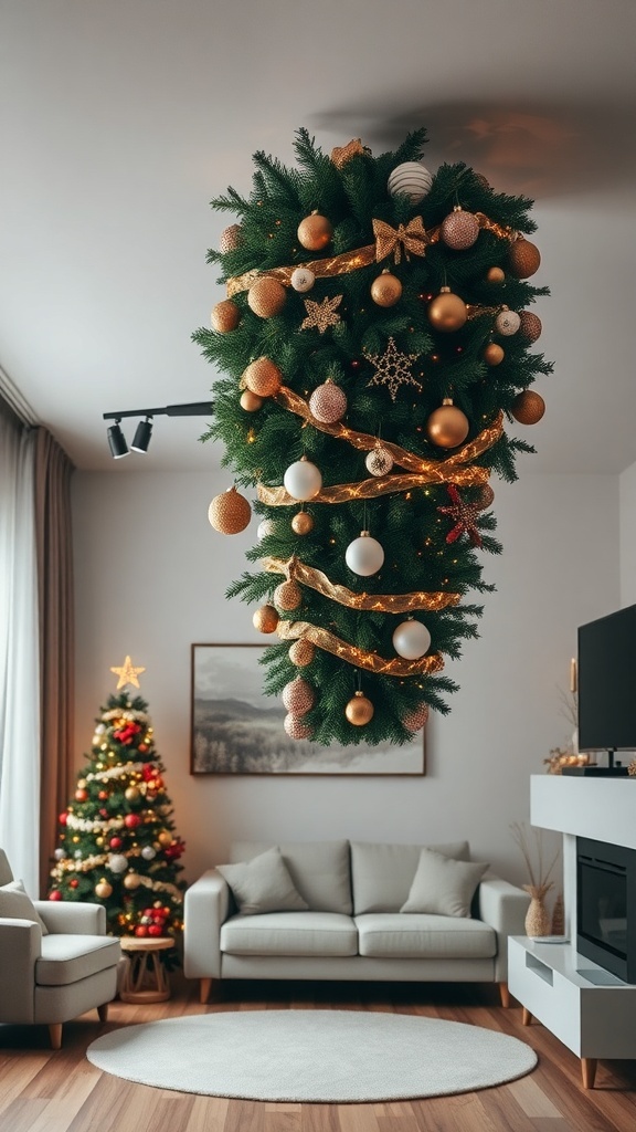 An upside-down Christmas tree hanging from the ceiling, decorated with gold and white ornaments, above a cozy living room with a traditional tree in the corner.