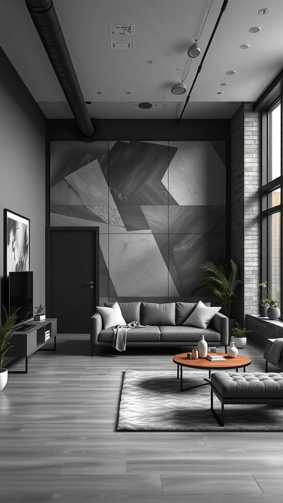 A stylish urban modern living room featuring gray tones, minimal decor, and large windows.